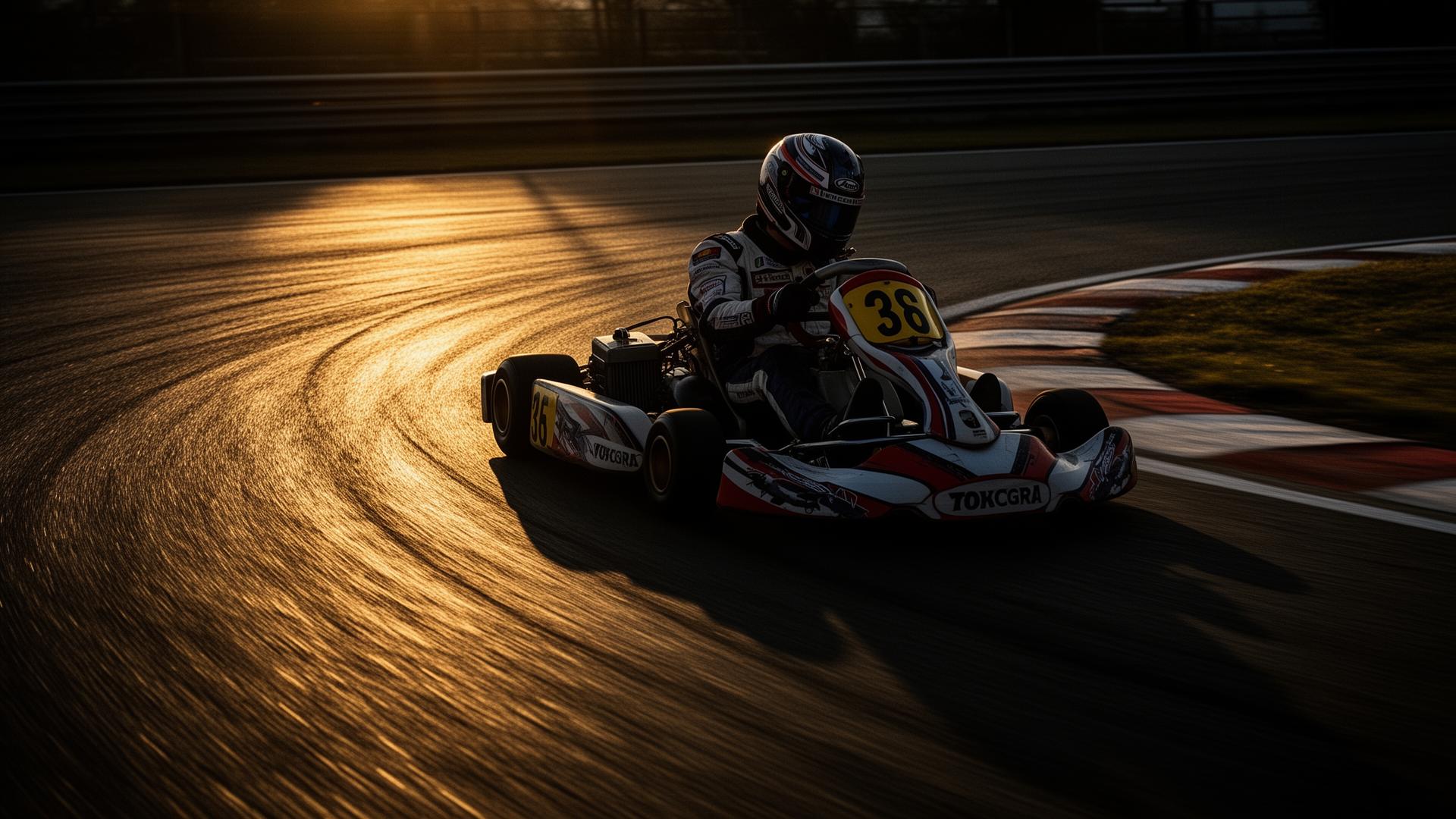 Kart de competición tomando una curva al atardecer